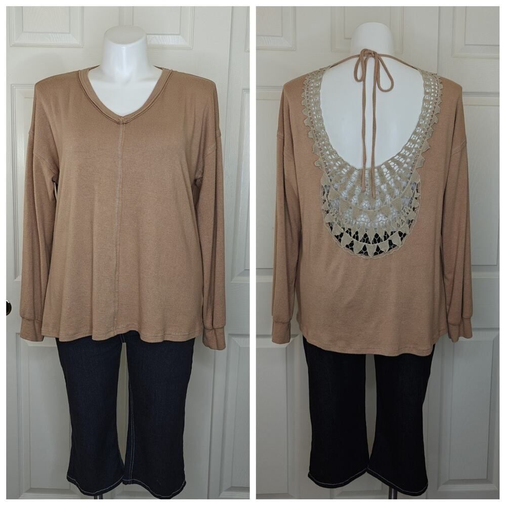 Three Bird Nest boho lace back long sleeve stretch top sz XL